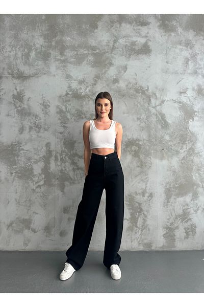 Linarose Pantaloni de damă, negri, largi, cu picioare largi, confortabili, boyfriend, largi