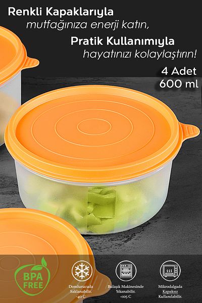 Meleni Home Orange Round Food Storage Set of 4 - Food Container 4X600Ml Organizer Organizer