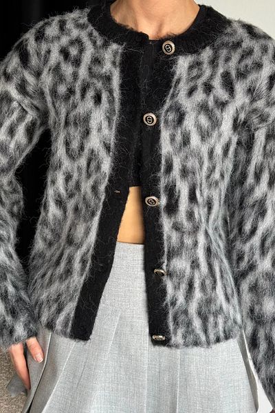 GÜLSELİ Black Leopard Print Raised Knitwear Cardigan