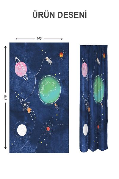 Doruklar Home Collection Digital Printing Washable Space Pattern 2 Wings Baby and Children's Room Background Curtain