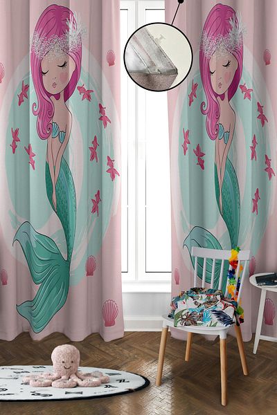 Doruklar Home Collection Digital Printing Washable Mermaid Pattern 2 Wings Baby and Children's Room Background Curtain