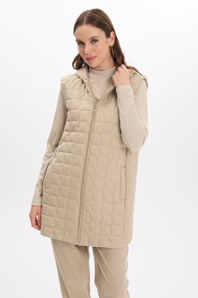 Zühre Hooded Quilted Patterned Beige Vest Blouse Double Suit Tk-1347