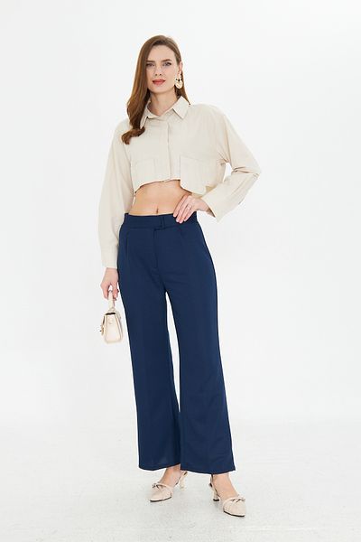 Kutaf Navy Blue Wide Leg Wide Leg Velcro Closure Pleat Detailed High Waist Woven Fabric Pants