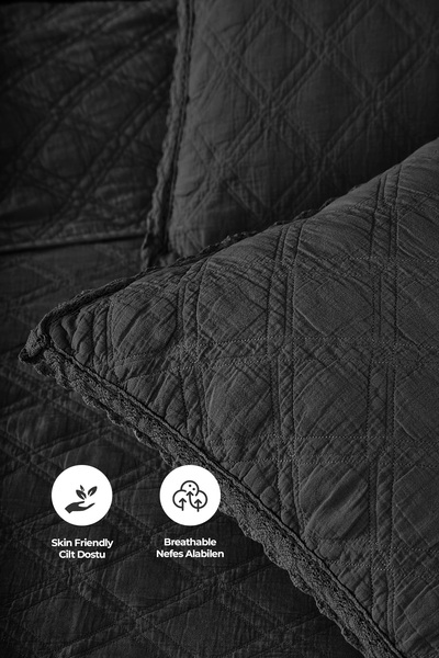 Evlen Home Collection %100 Pamuk Çift Kişilik Pike Takımı Özel Taş Yıkama Yatak Örtüsü Barbara 3 Parça Yumuşak Antrasit