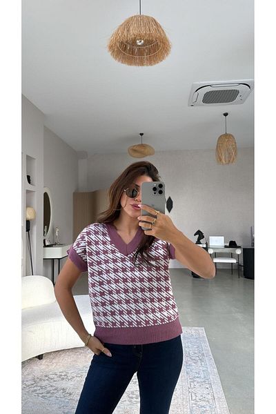Buket Teke Dried Rose Houndstooth Knitwear Blouse