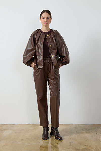 Birgül Bektaş Acı Kahverengi Balon Kol Deri Ceket