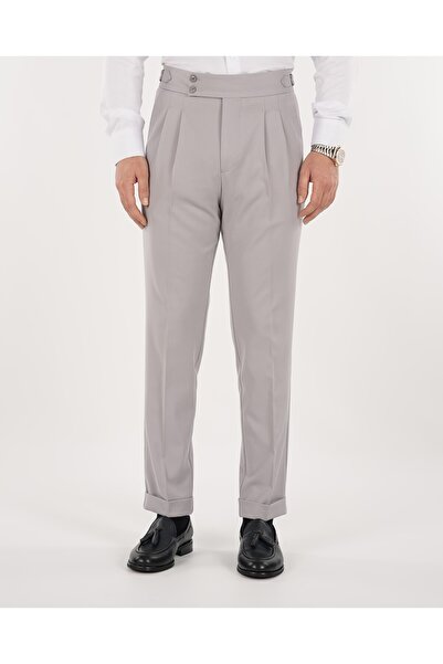 LONATOLİA Erkek Regular Fit Yüksek Bel Piliseli-Tokalı Kumaş Pantolon-Açık Gri