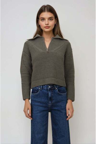 FABB Haki Fermuarr Detaylı Crop Kazak