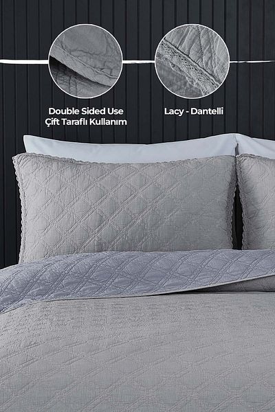 Evlen Home Collection 100% Cotton Double Pique Set Special Stone Washed Bedspread Barbara 3 Piece Luxury Soft Gray