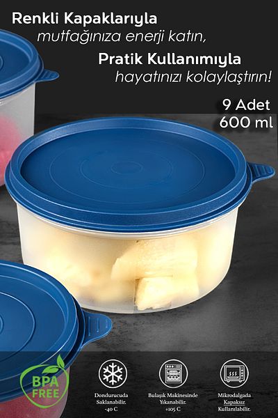 Meleni Home 9X600Ml Dark Blue Round Food Storage Set - Organizer Organizer Food Container