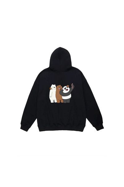 MarkaTurko Hanorac unisex cu glugă neagră cu imprimeu Kafadar Bears Design 1105-63