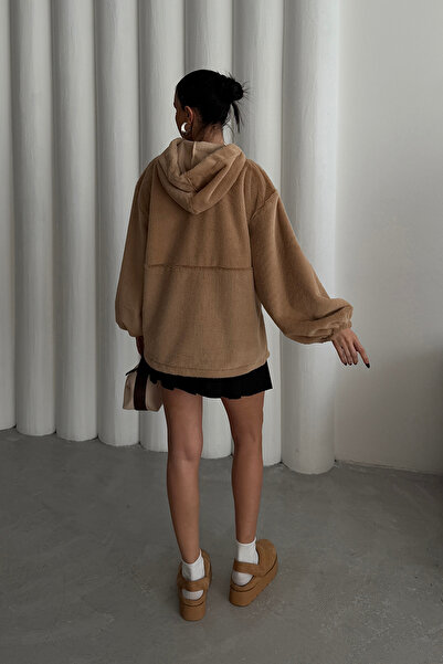 Ortaya Çık Ανοιχτό καφέ Oversize βελούδινο φούτερ με απαλή υφή