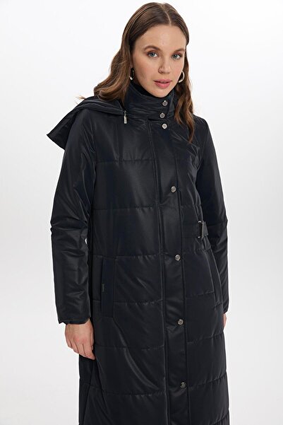 Zühre Hooded Button Detailed Navy Blue Coat 13691