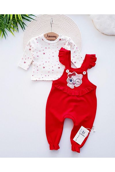 Jammybaby Cat Embroidered Frilly 100% Cotton Baby Girl Salopet Jumpsuit and Paw Patterned Inner Bodysuit Set
