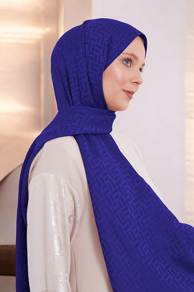 ihvanonline Γυναικείο σάλι Hijab με μπλε ζακάρ σχέδιο - Ορθογώνιο Σακς Μπλε