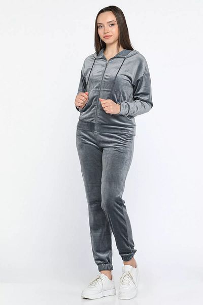 GÜLSELİ Gray Women's Velvet Hooded Zippered Sweat Pants Double Set