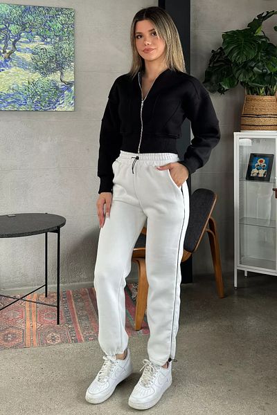 GÜLSELİ Pantaloni de trening cu trei fire pentru femei, crem, cu picior elastic