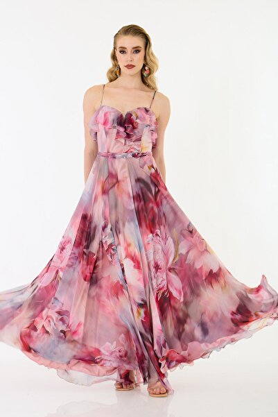 Carmen Pudra Askılı Uzun Empirme Şifon Abiye Elbise