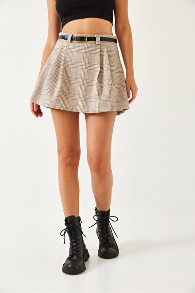 Bianco Lucci Women's Plaid Patterned Skirt with Belt and Shorts 60261128