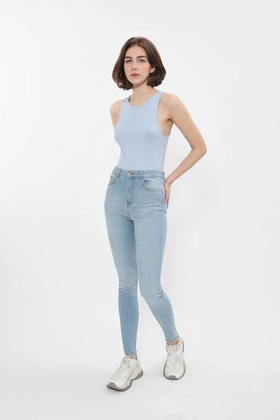 Bluewhite Pantaloni de damă cu talie înaltă din lycra albastru deschis skinny fit