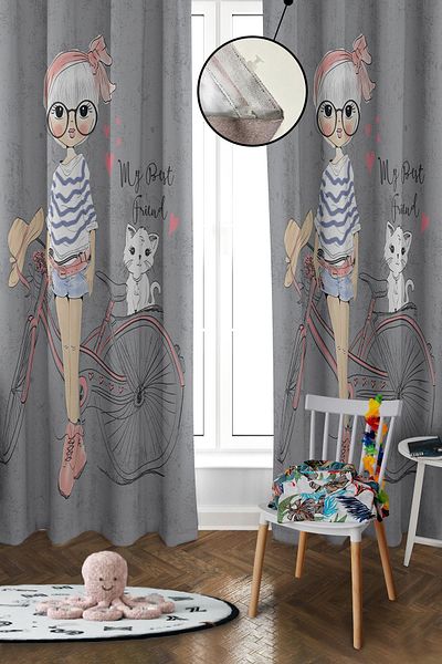 Doruklar Home Collection Digital Printing Washable Cat and Girl Pattern 2 Wings Baby and Children's Room Background Curtain