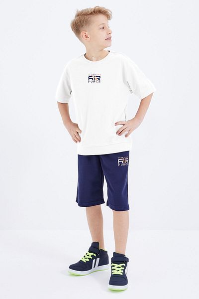 TOMMY LIFE Ecru-Indigo Print Embroidered Oversize Boys' Shorts Set - 10897