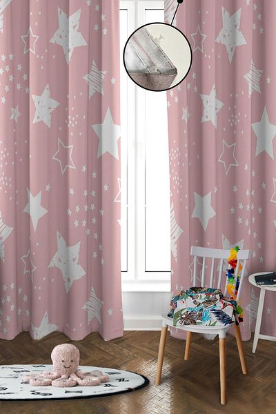Doruklar Home Collection Digital Printing Washable Star Pattern 2 Wings Baby and Children's Room Background Curtain