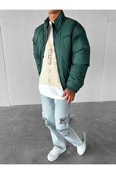 ablukaonline Ανδρικό Πράσινο Παλτό Oversize - Όρθιος γιακάς και Τσέπες με φερμουάρ