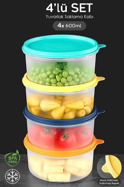 Meleni Home Colorful Round Food Storage Set of 4 - Food Organizer Container 4X600Ml