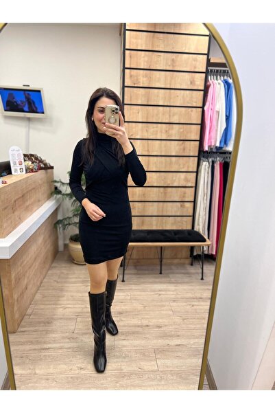 beyazmoda Siyah Tasarım Astarlı Buzzy Kumaş Elbise