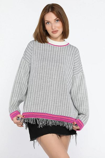 GÜLSELİ Pulover de damă, negru crem, cu modele, cu ciucuri