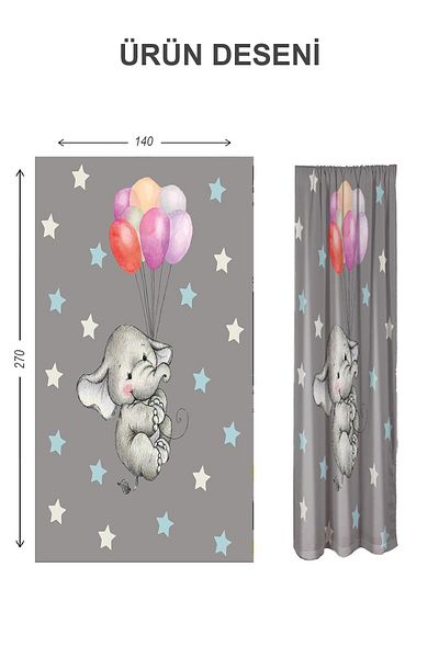 Doruklar Home Collection Digital Printing Washable Elephant Pattern 2 Wings Baby and Children's Room Background Curtain