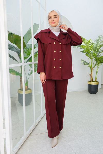 LOCCO Women's Front Button and Piping Detailed Double Set Burgundy