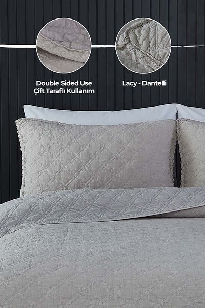 Evlen Home Collection 100% Cotton Double Pique Set Special Stone Washed Bedspread Barbara 3 Piece Luxury Soft Beige