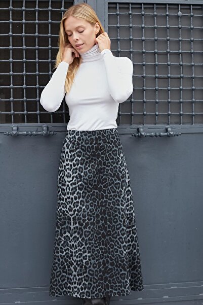 Jument Women's Lightweight Thick Fabric High Waist Midi Length Below Knee Bell Skirt-Anthracite Leopard