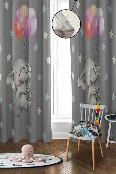 Doruklar Home Collection Digital Printing Washable Elephant Pattern 2 Wings Baby and Children's Room Background Curtain