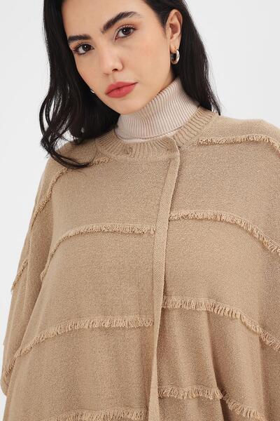 Uludağ Triko Women's Milk Coffee Seasonal Tasseled Long Poncho