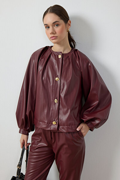 Birgül Bektaş Δερμάτινο μπουφάν Claret Red Balloon Sleeve