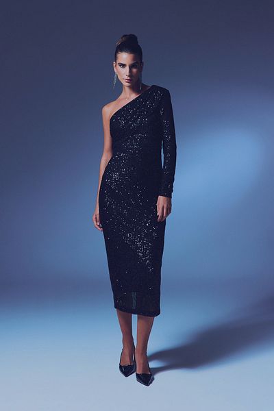 Sateen Rochie cu paiete cu o singură mânecă - NEGRU