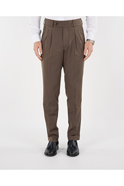 LONATOLİA Erkek Regular Fit Yüksek Bel Piliseli Tokalı Kumaş Pantolon-Sütlü kahve
