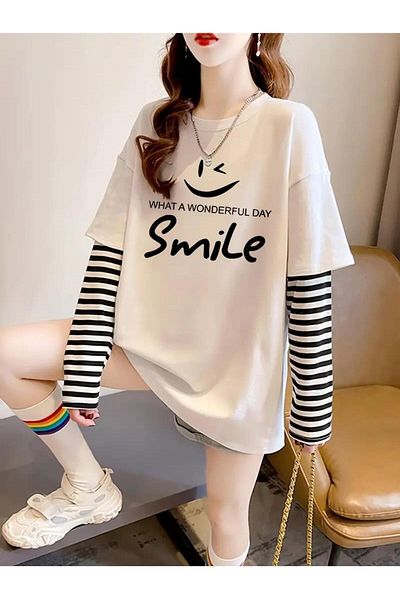 Touz Moda Smile Fake Sleeves Unisex Long Sleeve White T-Shirt