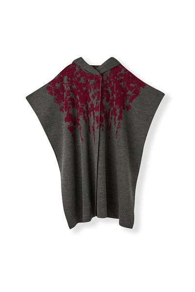 Uludağ Triko Women's Anthracite Burgundy Floral Patterned Poncho
