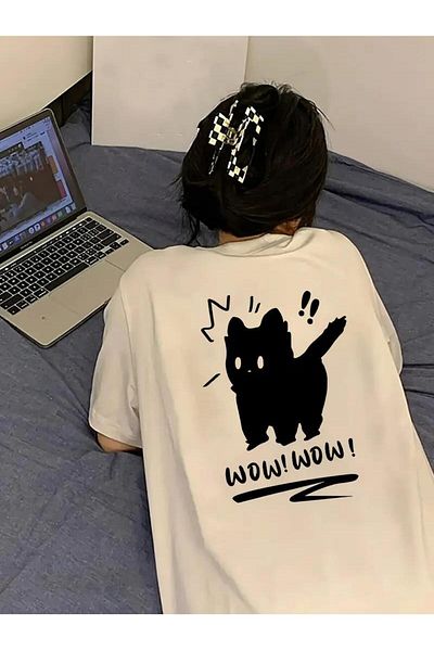Touz Moda Πίσω εμπριμέ Wow Cat White Unisex μπλουζάκι