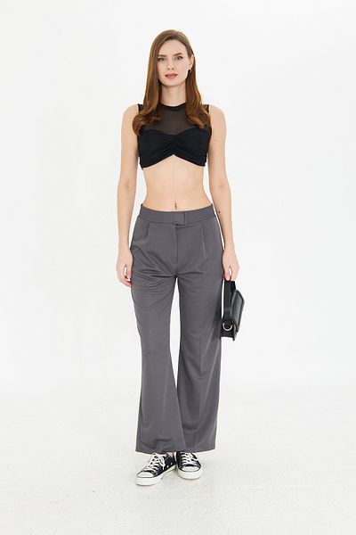 Kutaf High Waist Dark Gray Woven Trousers - Wide Leg, Velcro Closure and Pleat Detail