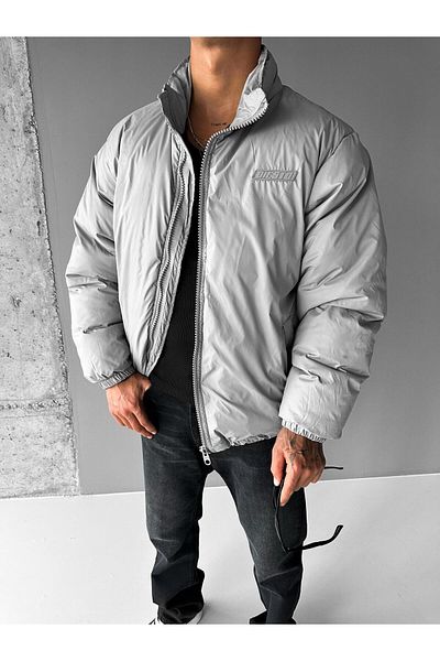 ablukaonline Men's Oversize Stand Collar Zippered Pocket Coat Gray