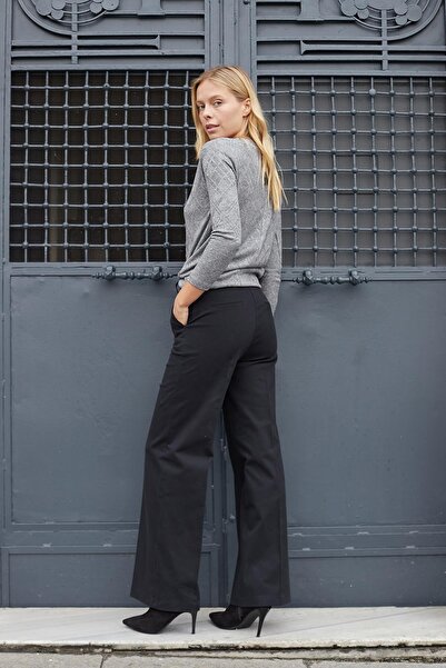 Jument Women's Black Palazzo Pants - Gabardine, Canvas, Cotton and Lycra, Pocket and Loose Fit