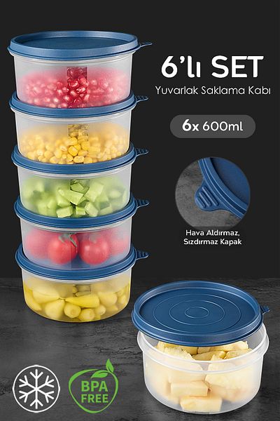 Meleni Home Round Food Storage Set of 6 - Navy Blue Food Container, 6X600Ml Organizer