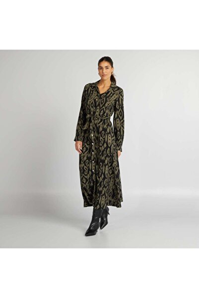 KIABI فستان قميص طويل مطبوع باللون الأسود