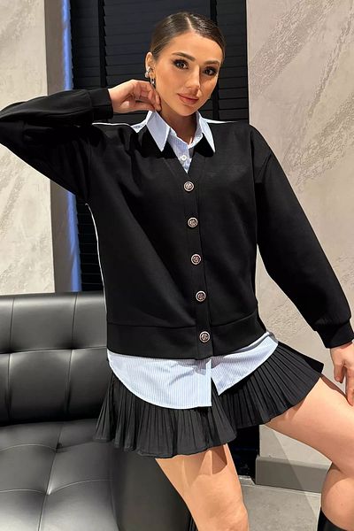 GÜLSELİ Women's Black Cardigan Combination Shirt