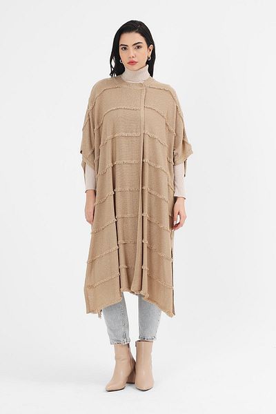 Uludağ Triko Γυναικείο Milk Coffee Seasonal Tassel Cuff Long Poncho
